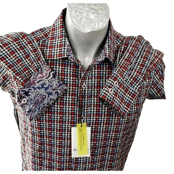 Robert  Graham Plaid Shirt Geometric Red Blue White Size S Tags New - Picture 2 of 5